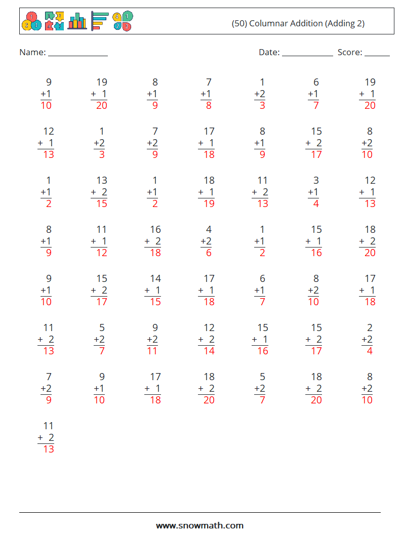 (50) Columnar Addition (Adding 2) Maths Worksheets 12 Question, Answer