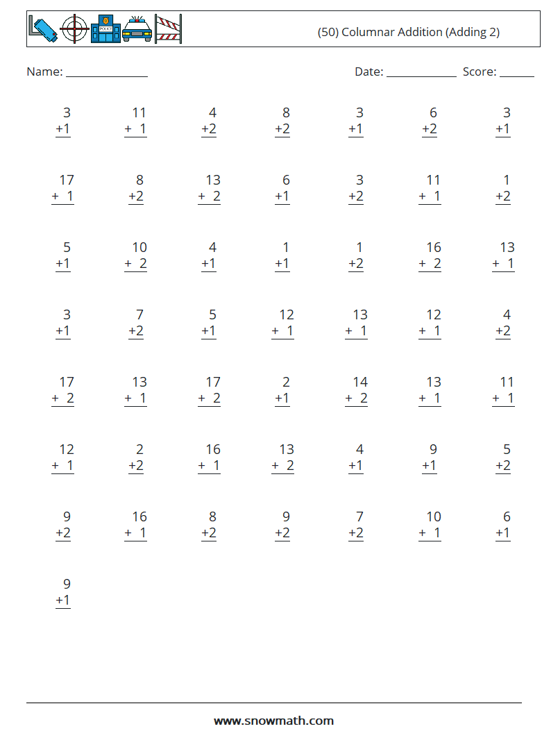 (50) Columnar Addition (Adding 2) Maths Worksheets 13