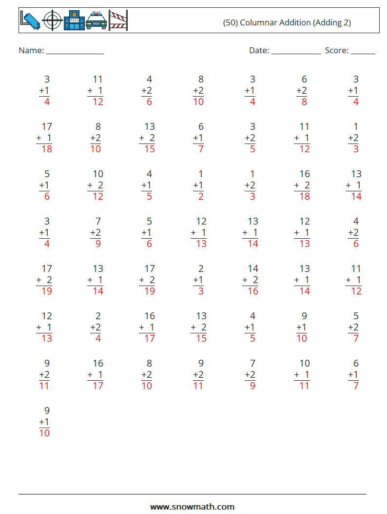 (50) Columnar Addition (Adding 2) Maths Worksheets 13 Question, Answer