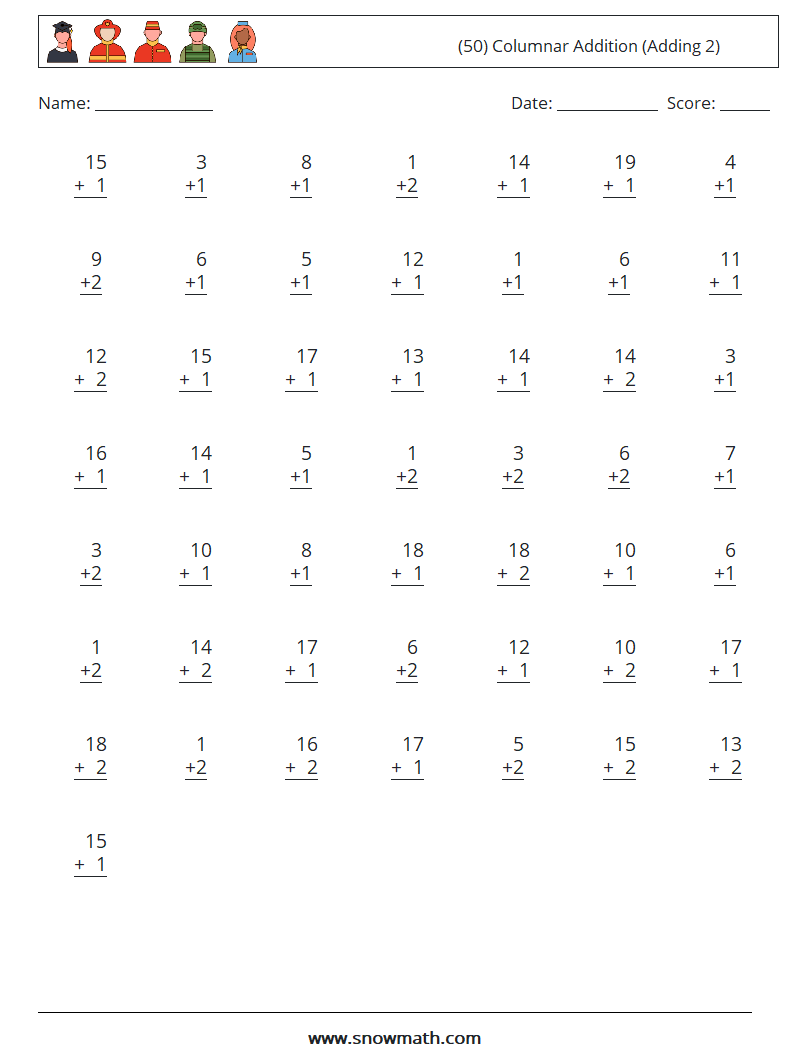 (50) Columnar Addition (Adding 2) Maths Worksheets 14