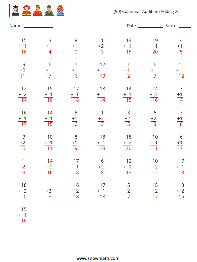 (50) Columnar Addition (Adding 2) Maths Worksheets 14 Question, Answer