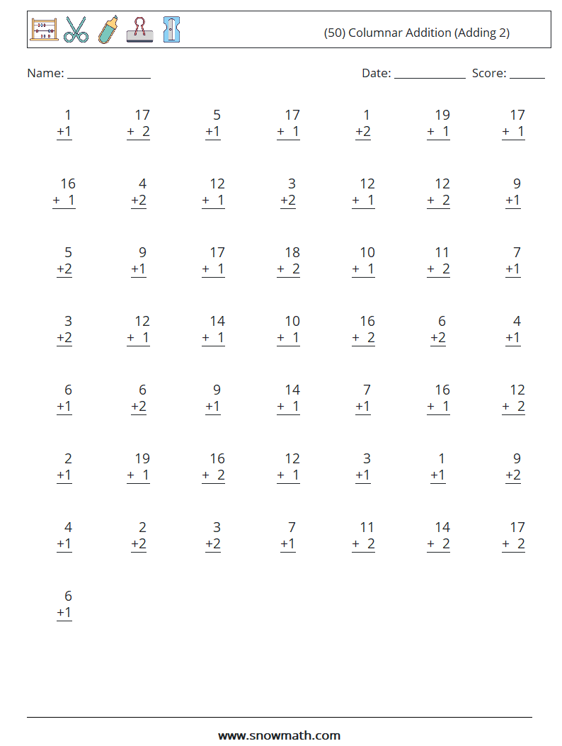 (50) Columnar Addition (Adding 2) Maths Worksheets 15