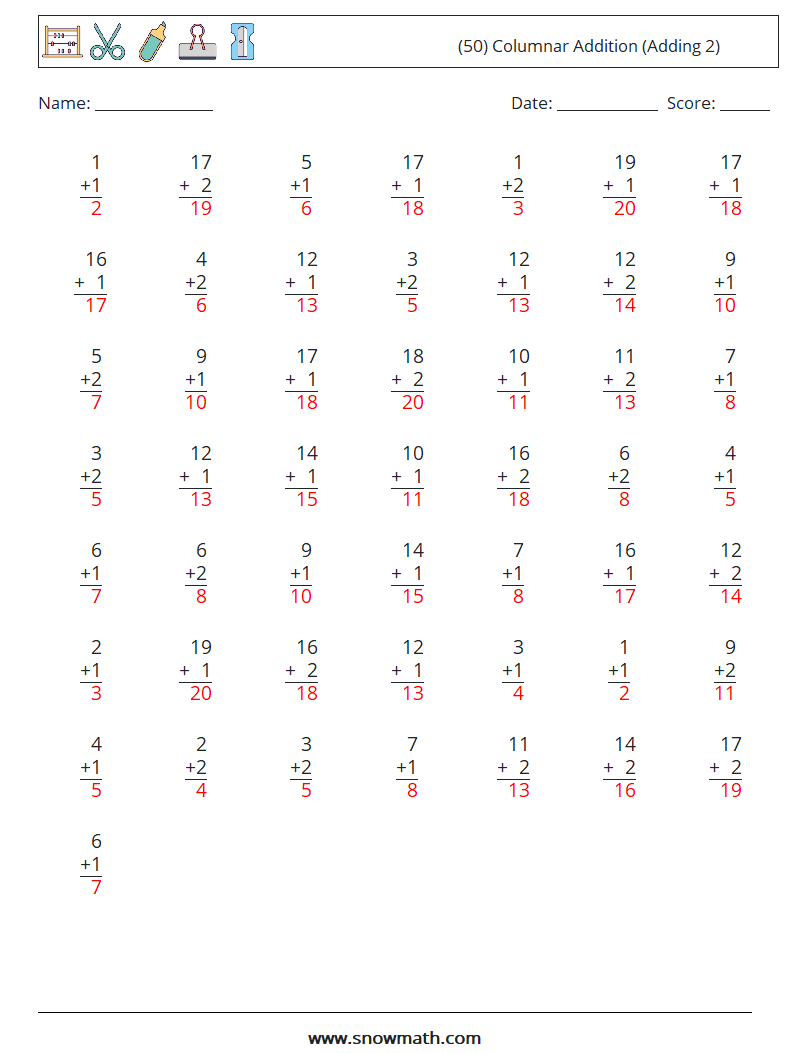 (50) Columnar Addition (Adding 2) Maths Worksheets 15 Question, Answer