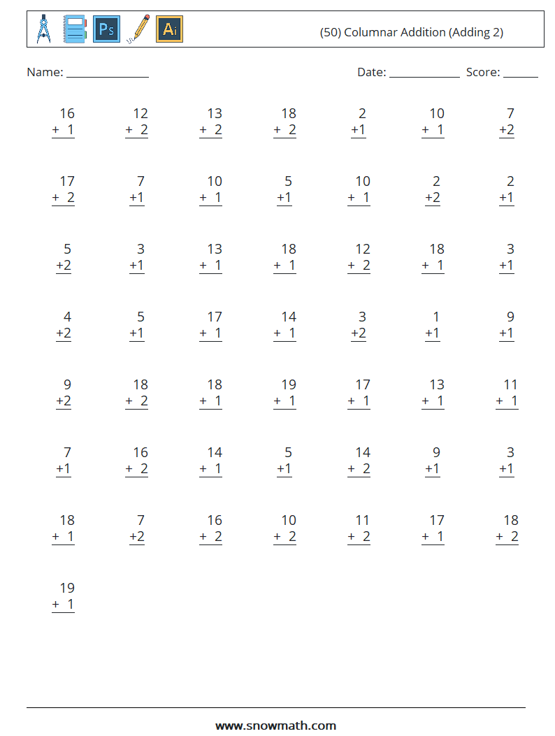 (50) Columnar Addition (Adding 2) Maths Worksheets 16