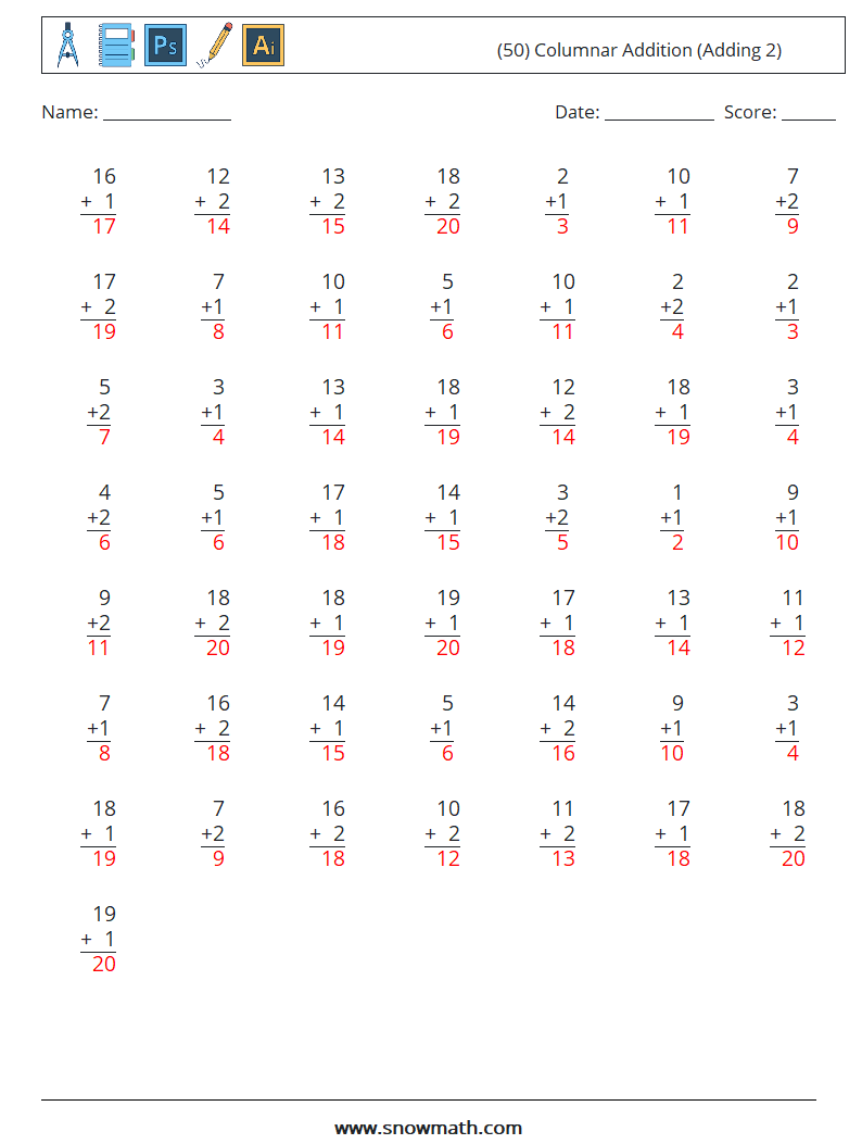 (50) Columnar Addition (Adding 2) Maths Worksheets 16 Question, Answer