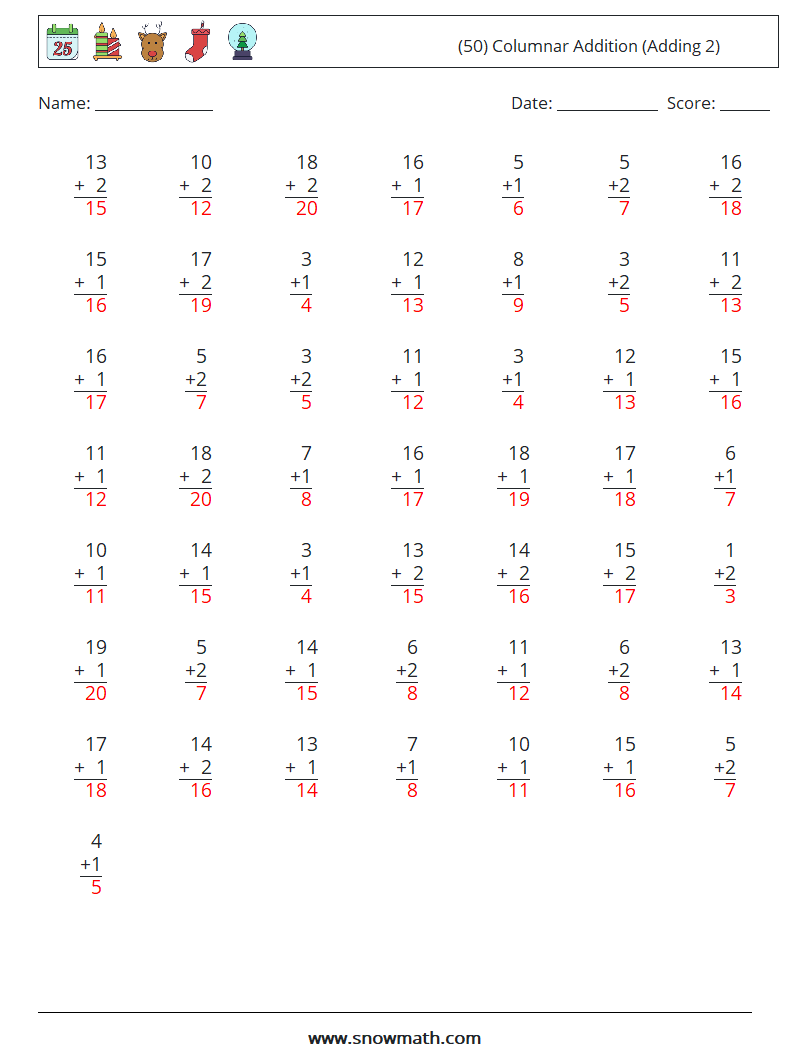 (50) Columnar Addition (Adding 2) Maths Worksheets 17 Question, Answer