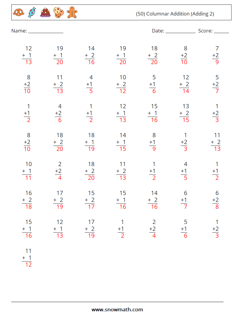 (50) Columnar Addition (Adding 2) Maths Worksheets 1 Question, Answer