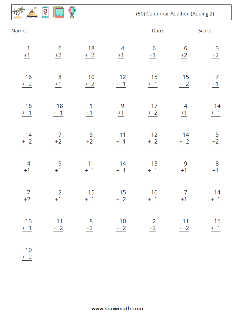 (50) Columnar Addition (Adding 2) Maths Worksheets 2