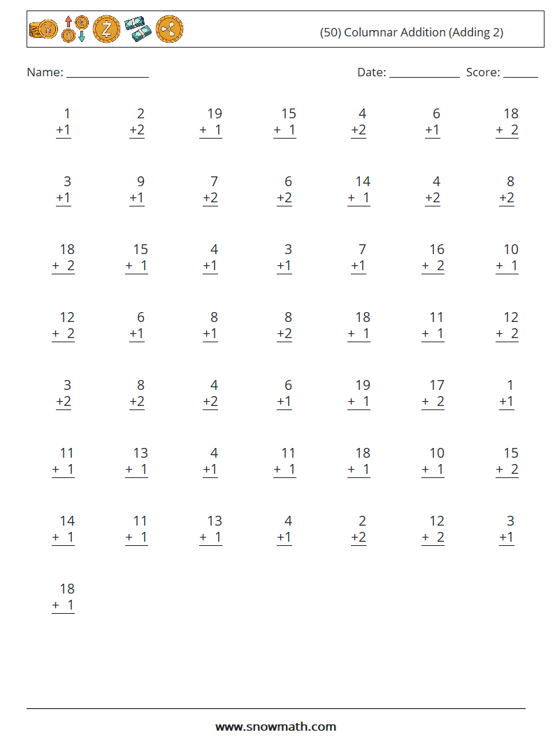 (50) Columnar Addition (Adding 2) Maths Worksheets 3