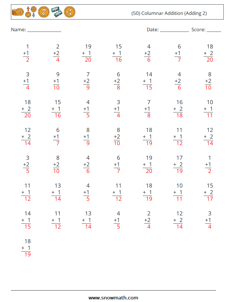 (50) Columnar Addition (Adding 2) Maths Worksheets 3 Question, Answer