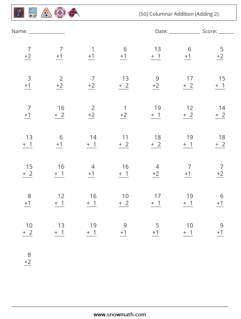 (50) Columnar Addition (Adding 2) Maths Worksheets 4
