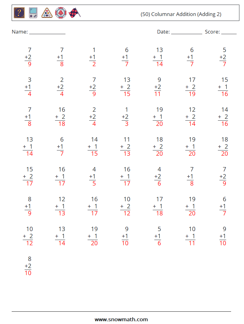 (50) Columnar Addition (Adding 2) Maths Worksheets 4 Question, Answer