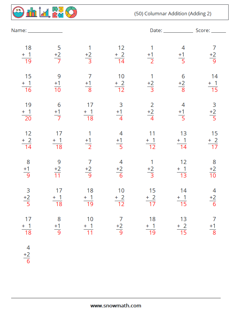 (50) Columnar Addition (Adding 2) Maths Worksheets 5 Question, Answer