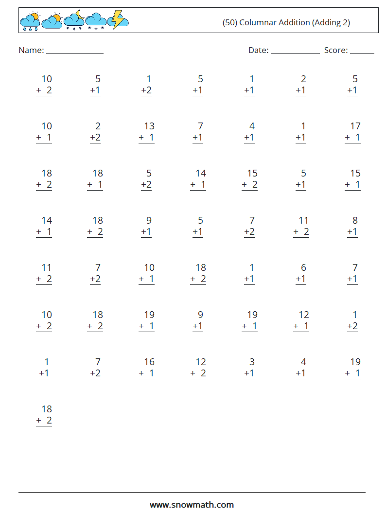 (50) Columnar Addition (Adding 2) Maths Worksheets 6