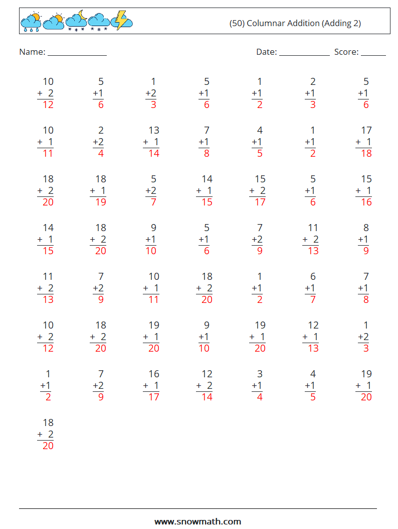 (50) Columnar Addition (Adding 2) Maths Worksheets 6 Question, Answer