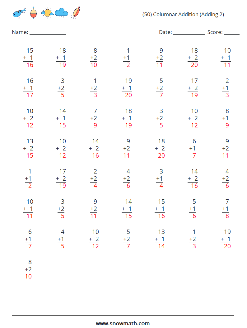 (50) Columnar Addition (Adding 2) Maths Worksheets 7 Question, Answer