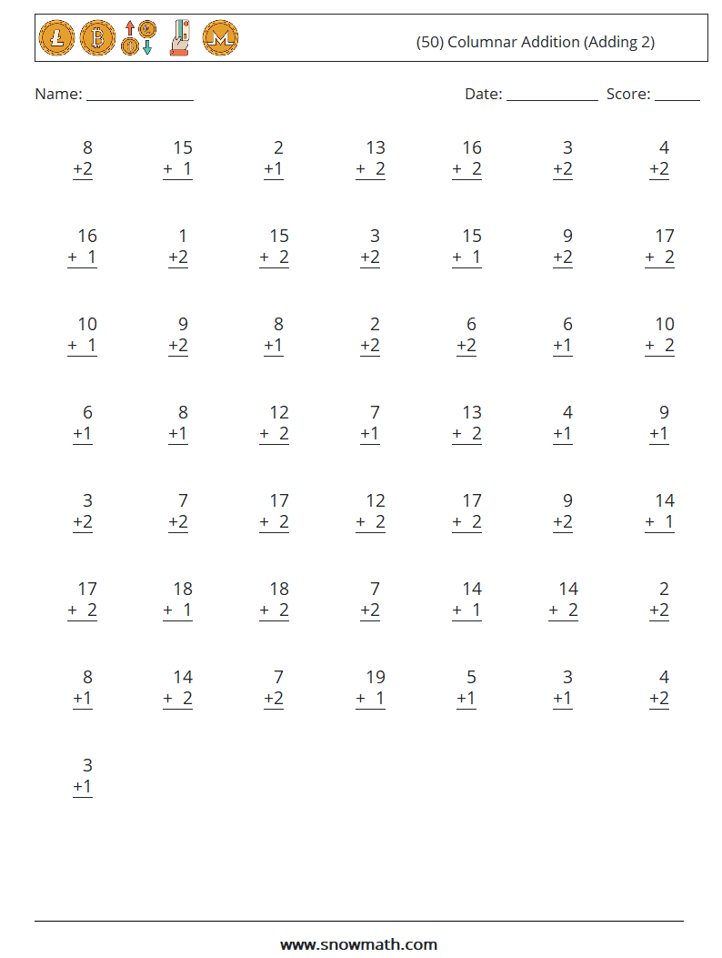 (50) Columnar Addition (Adding 2) Maths Worksheets 8