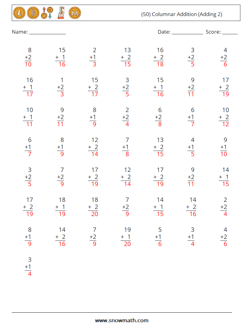 (50) Columnar Addition (Adding 2) Maths Worksheets 8 Question, Answer