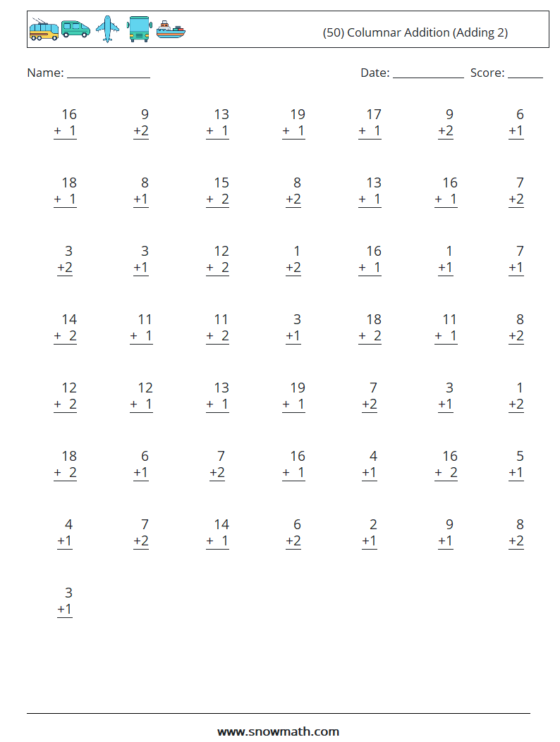 (50) Columnar Addition (Adding 2) Maths Worksheets 9