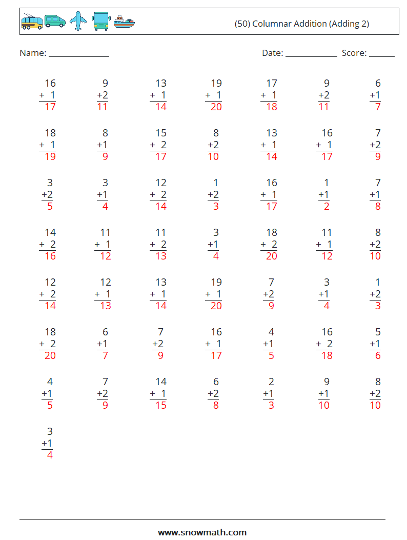 (50) Columnar Addition (Adding 2) Maths Worksheets 9 Question, Answer