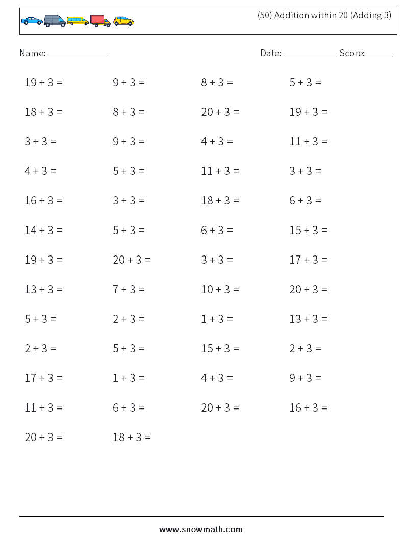 (50) Addition within 20 (Adding 3) Maths Worksheets 1