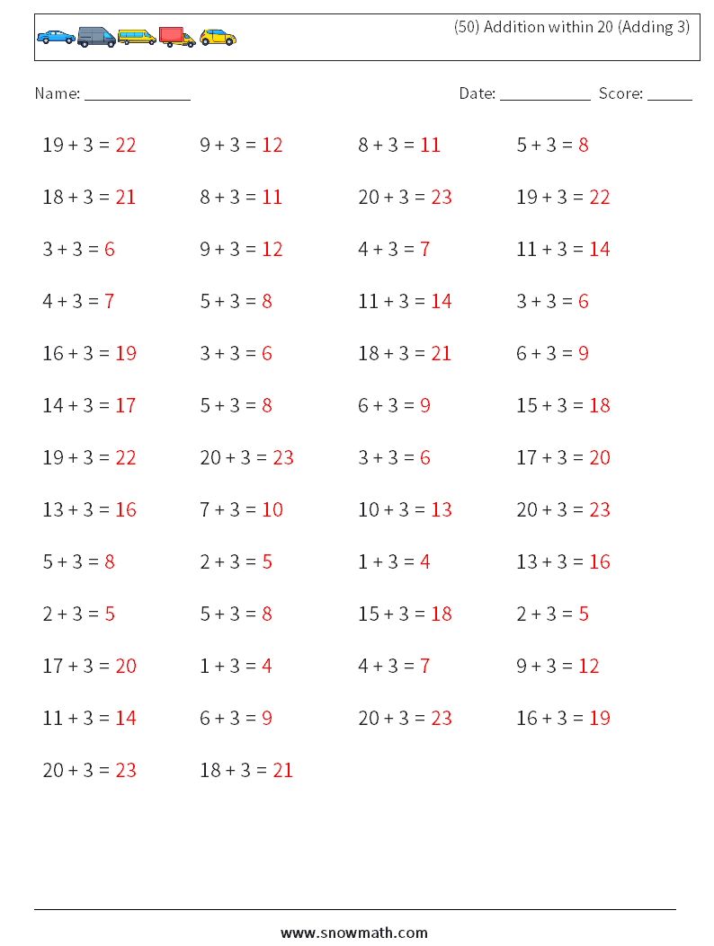 (50) Addition within 20 (Adding 3) Maths Worksheets 1 Question, Answer