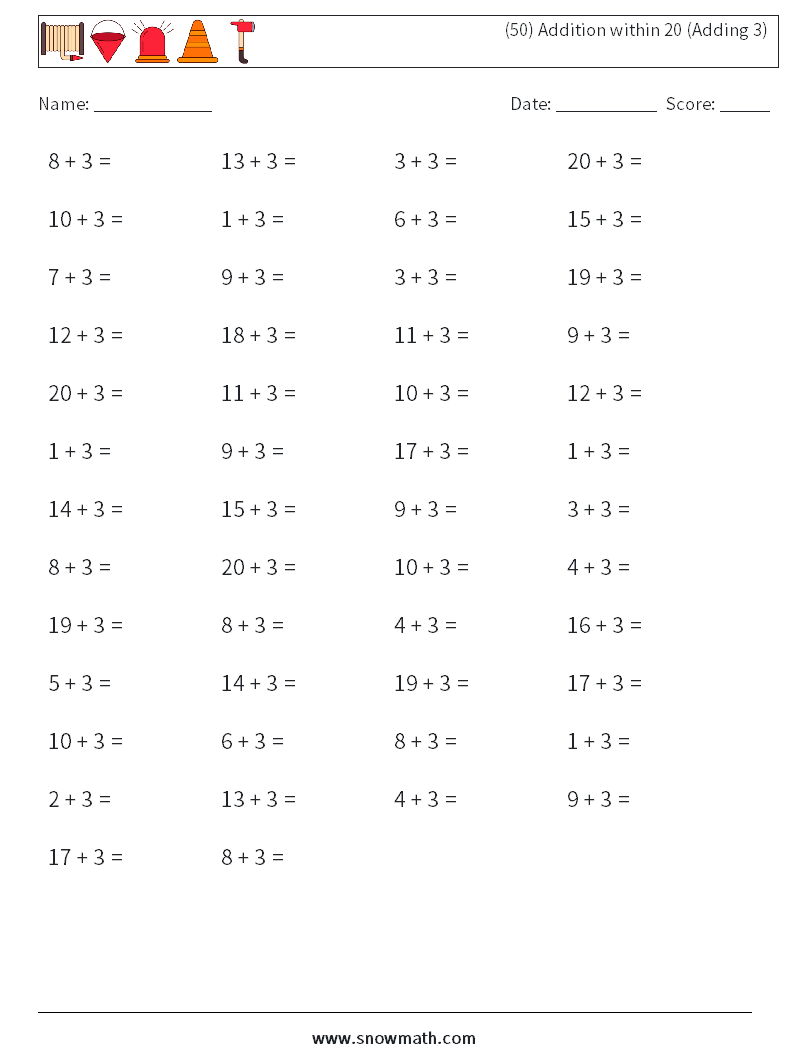 (50) Addition within 20 (Adding 3) Maths Worksheets 2