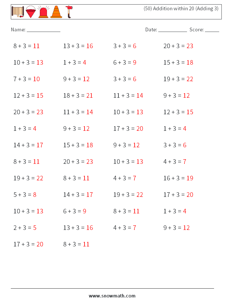 (50) Addition within 20 (Adding 3) Maths Worksheets 2 Question, Answer
