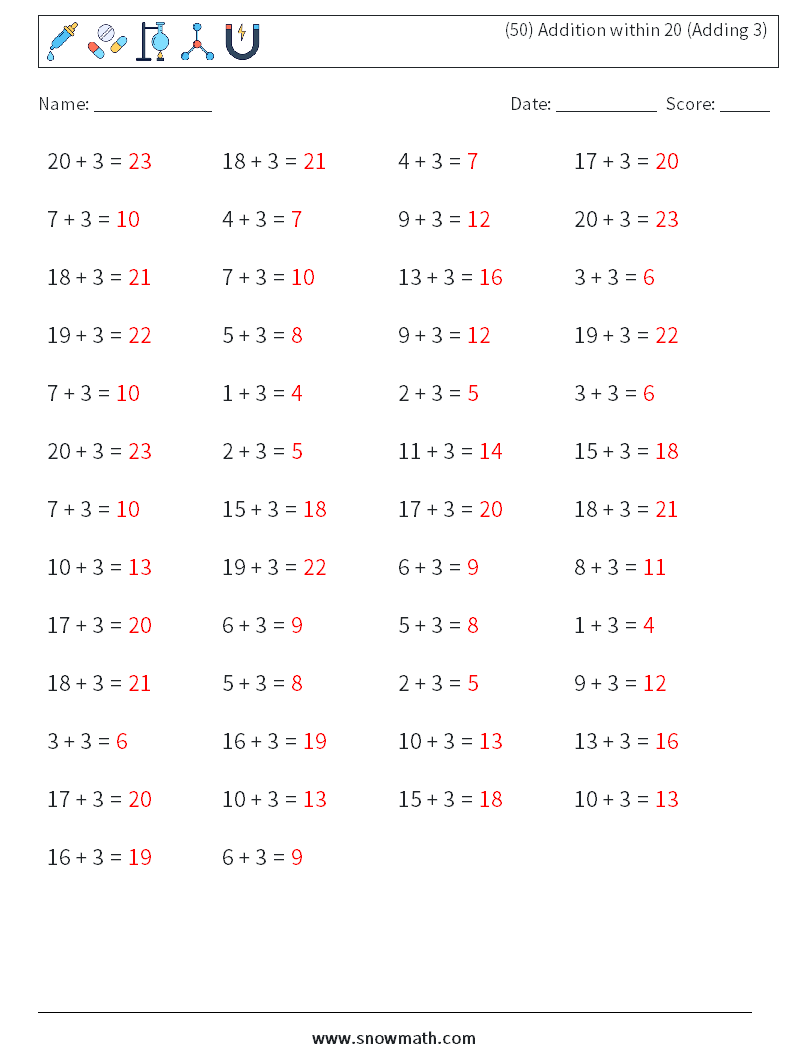 (50) Addition within 20 (Adding 3) Maths Worksheets 3 Question, Answer