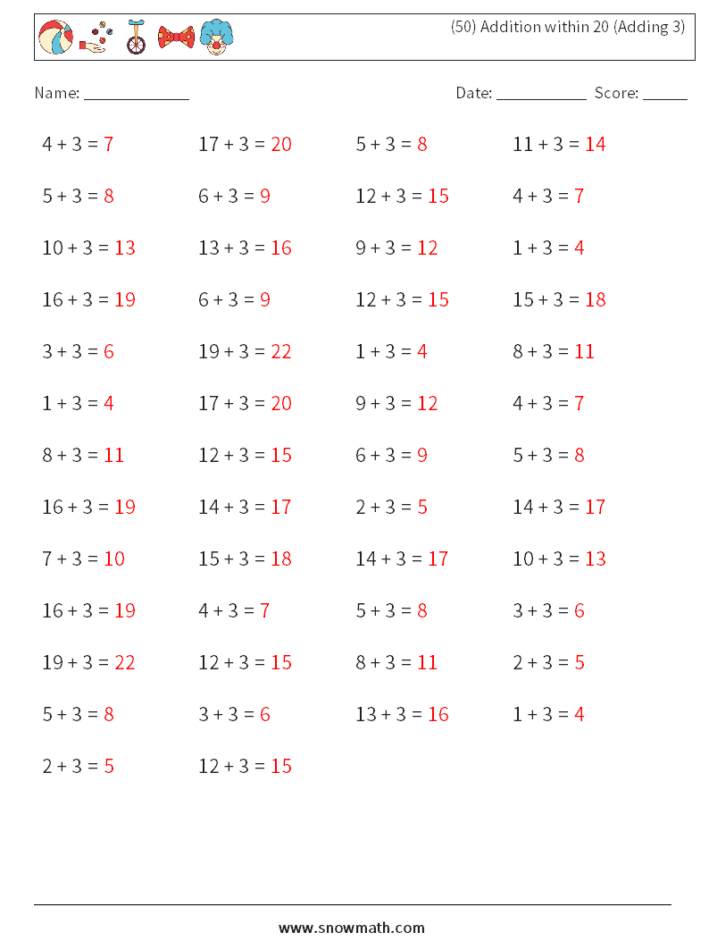 (50) Addition within 20 (Adding 3) Maths Worksheets 4 Question, Answer