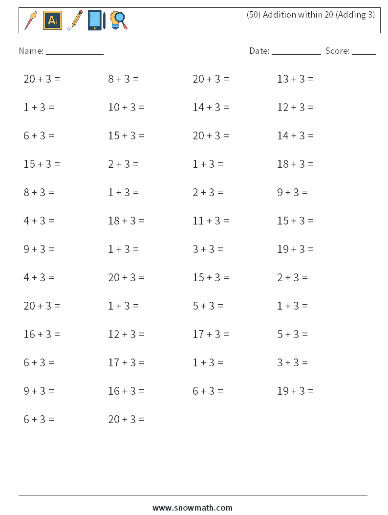 (50) Addition within 20 (Adding 3) Maths Worksheets 5