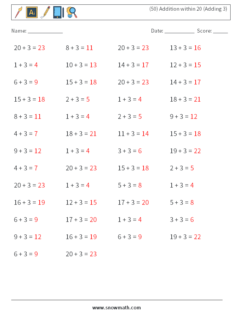 (50) Addition within 20 (Adding 3) Maths Worksheets 5 Question, Answer