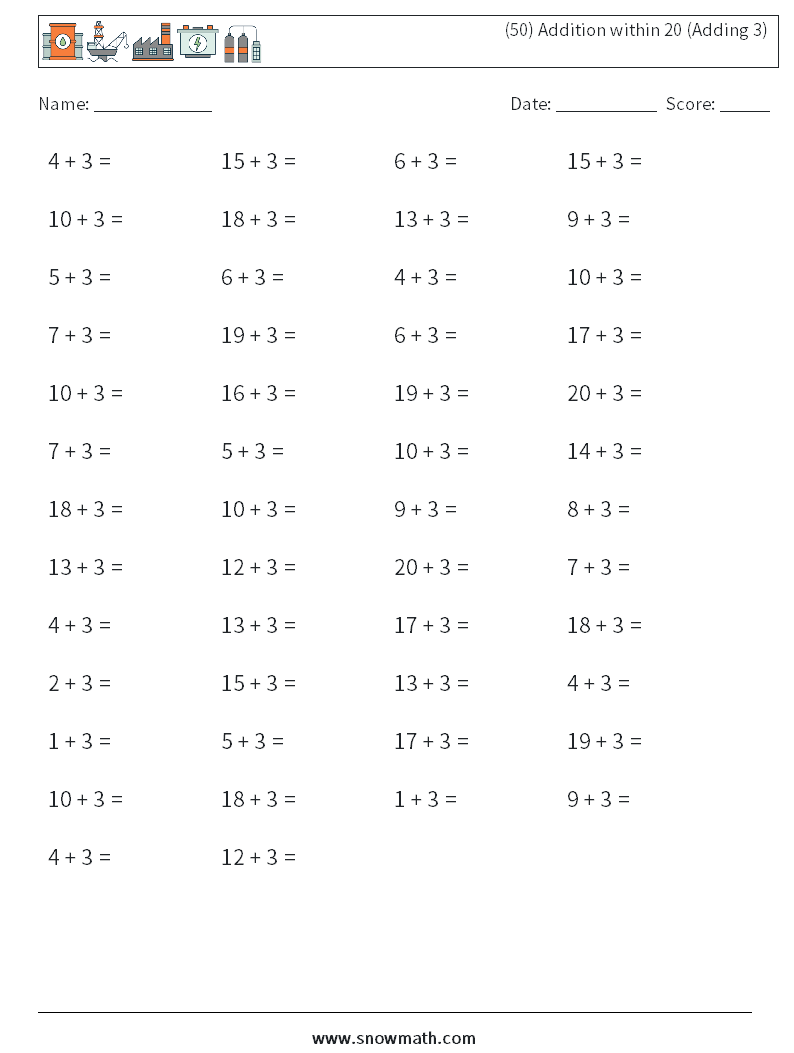 (50) Addition within 20 (Adding 3) Maths Worksheets 6