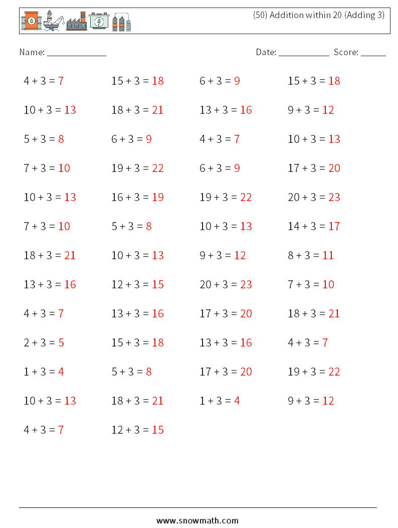 (50) Addition within 20 (Adding 3) Maths Worksheets 6 Question, Answer