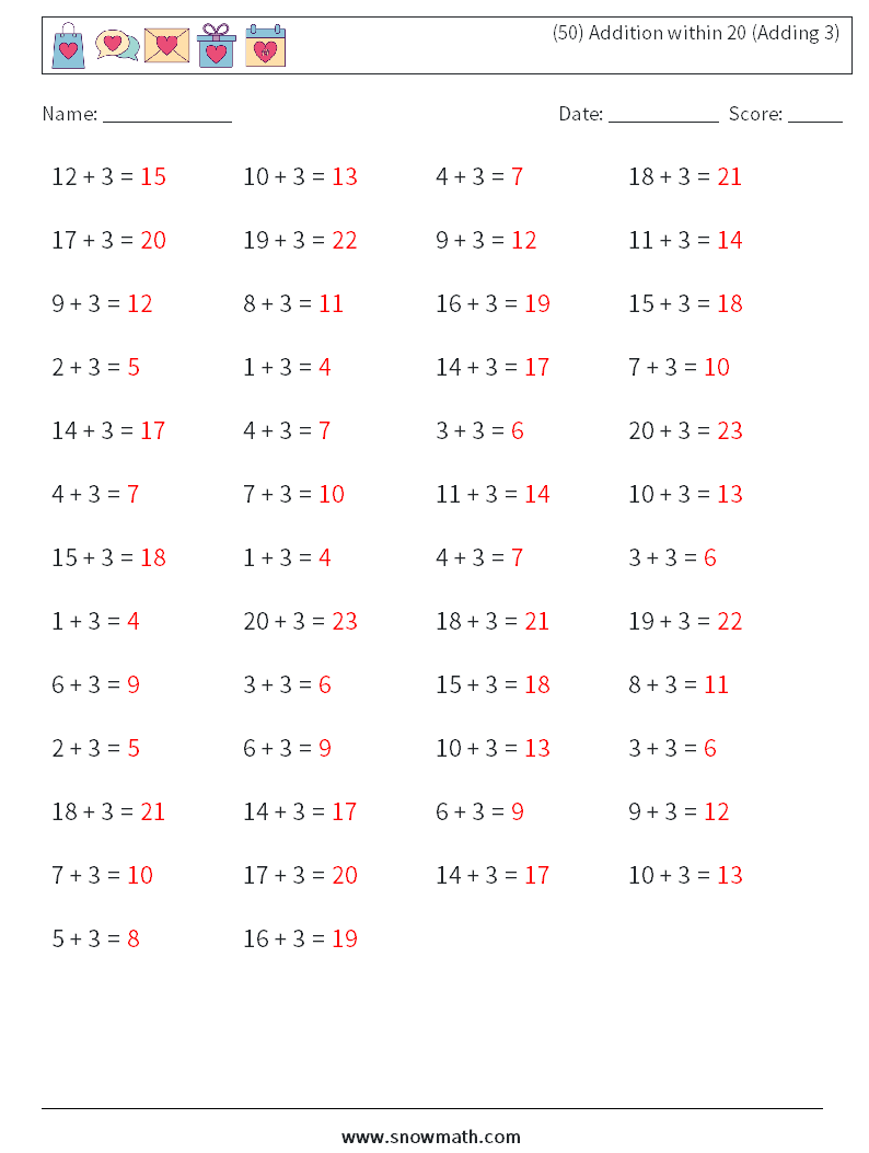 (50) Addition within 20 (Adding 3) Maths Worksheets 7 Question, Answer