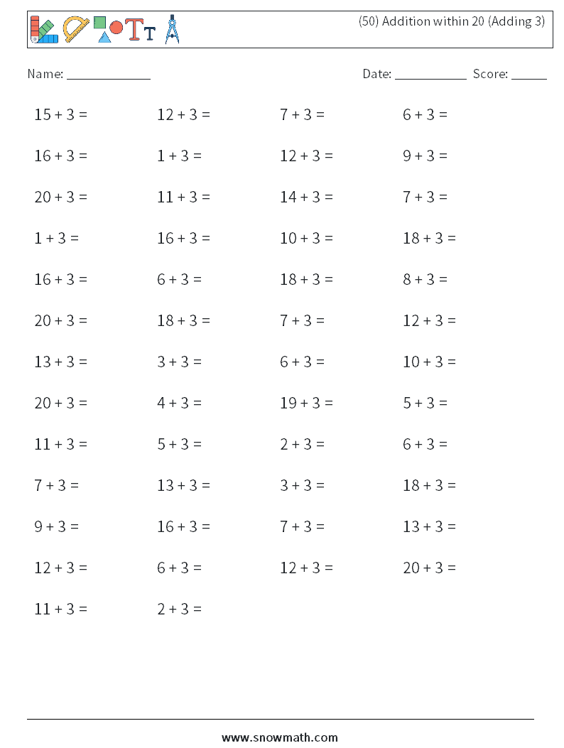 (50) Addition within 20 (Adding 3) Maths Worksheets 8