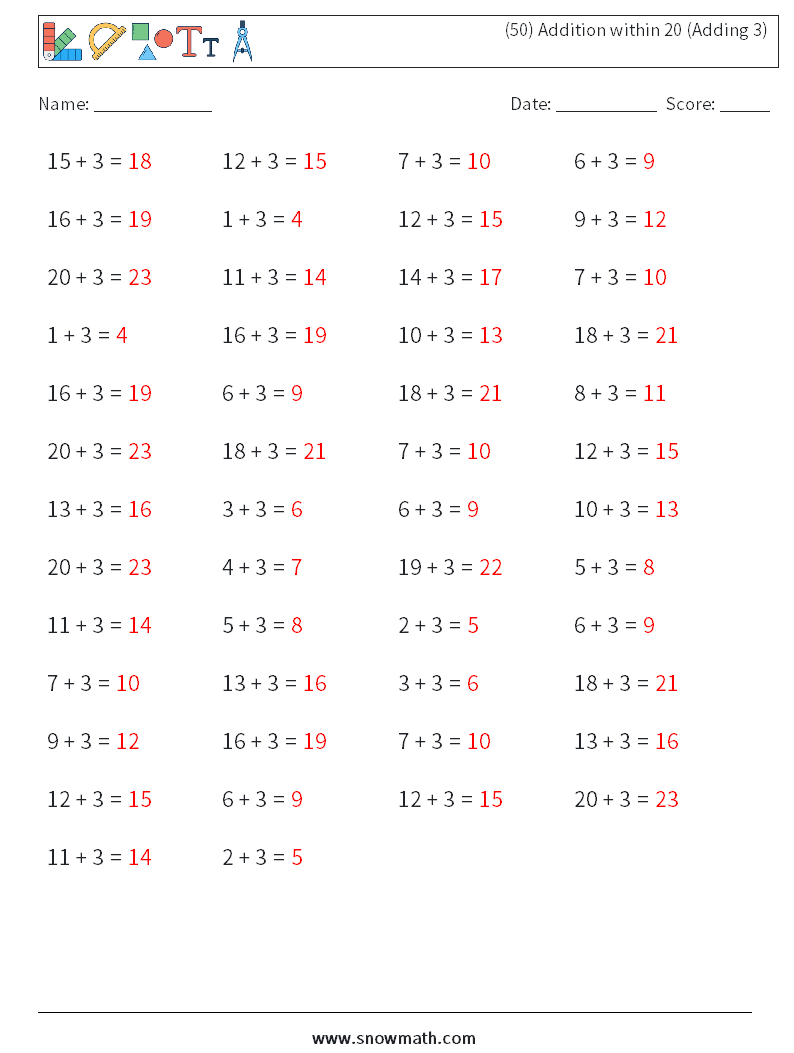(50) Addition within 20 (Adding 3) Maths Worksheets 8 Question, Answer