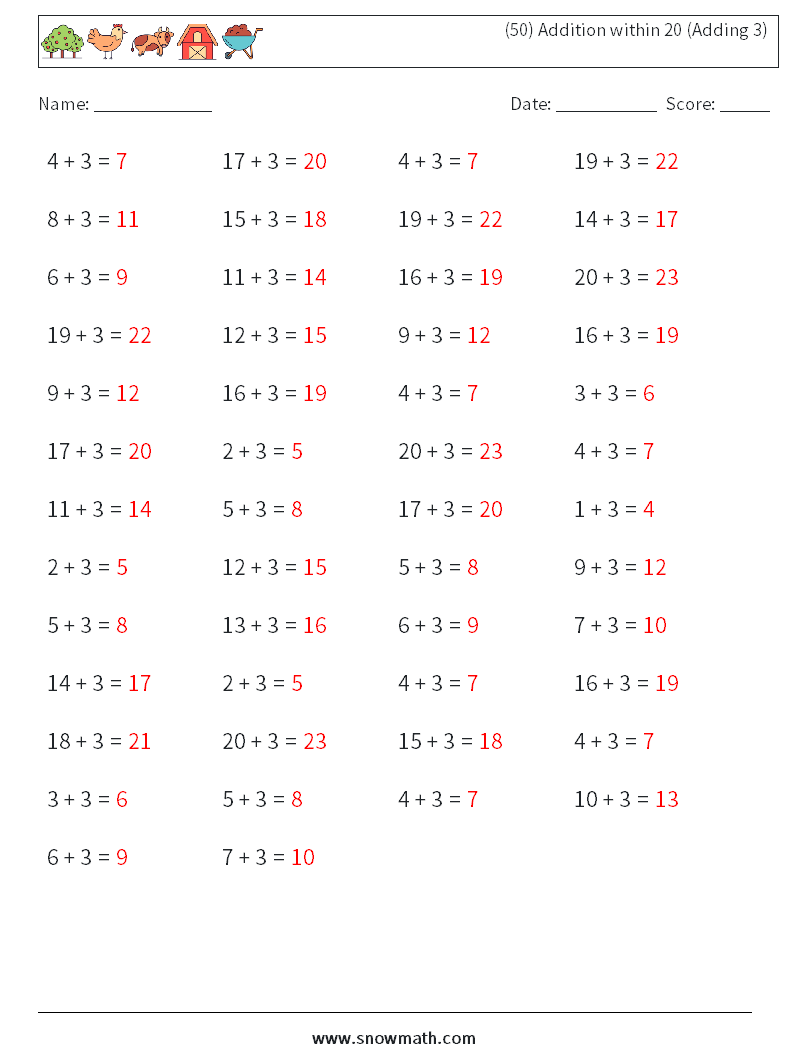 (50) Addition within 20 (Adding 3) Maths Worksheets 9 Question, Answer
