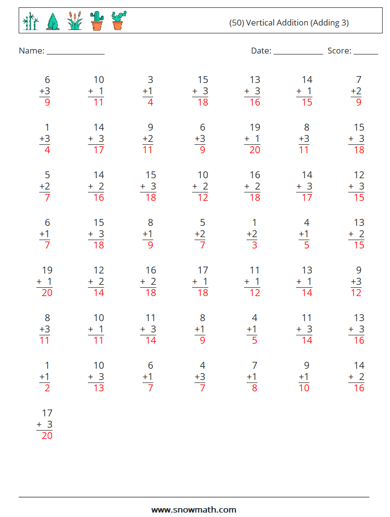 (50) Vertical  Addition (Adding 3) Maths Worksheets 10 Question, Answer