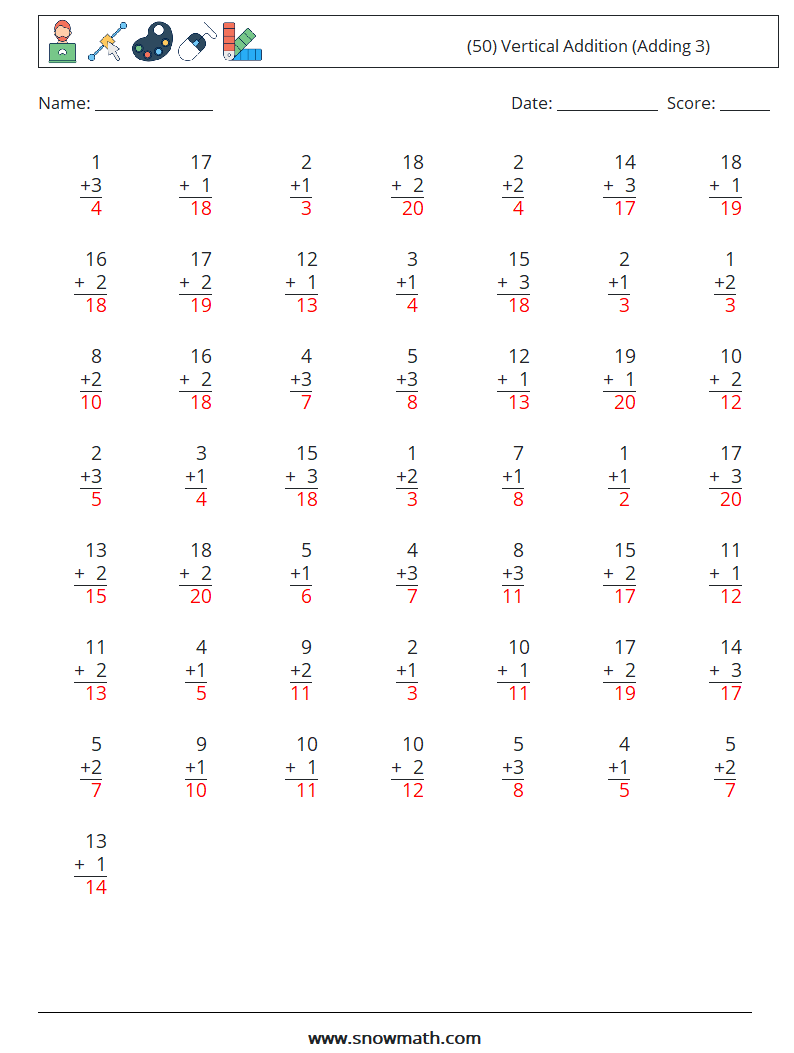 (50) Vertical  Addition (Adding 3) Maths Worksheets 12 Question, Answer