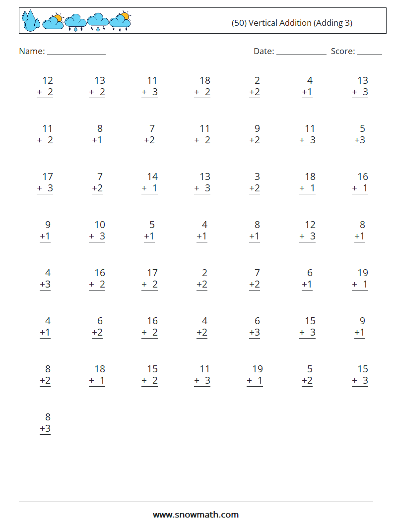 (50) Vertical  Addition (Adding 3) Maths Worksheets 13