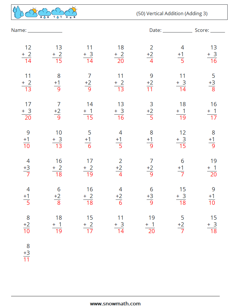 (50) Vertical  Addition (Adding 3) Maths Worksheets 13 Question, Answer