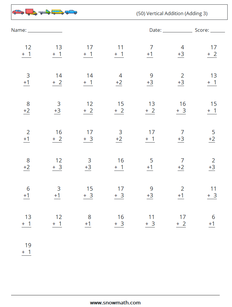 (50) Vertical  Addition (Adding 3) Maths Worksheets 14
