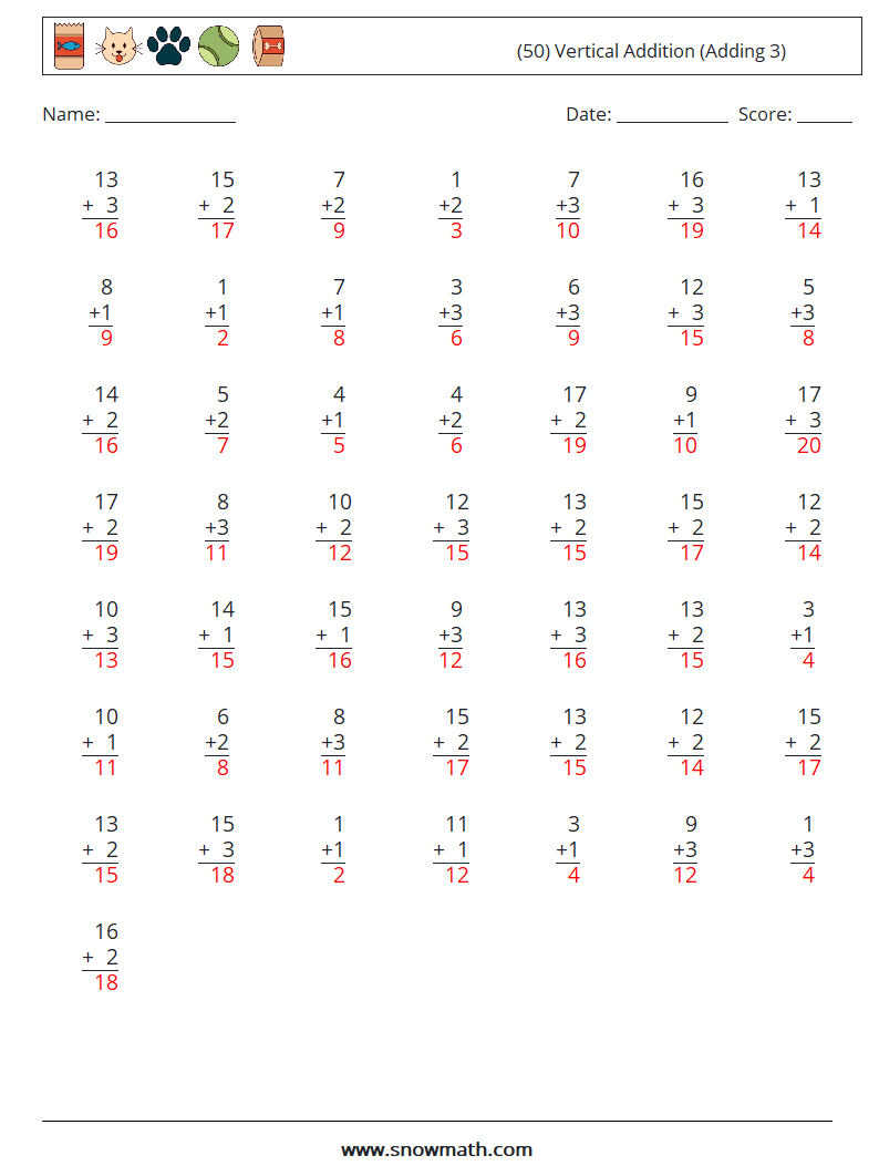 (50) Vertical  Addition (Adding 3) Maths Worksheets 15 Question, Answer