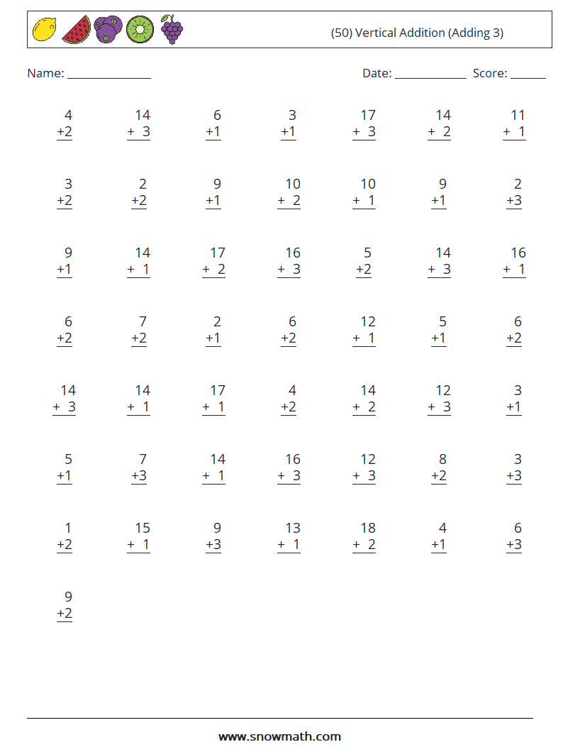 (50) Vertical  Addition (Adding 3) Maths Worksheets 16