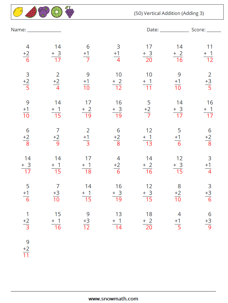 (50) Vertical  Addition (Adding 3) Maths Worksheets 16 Question, Answer