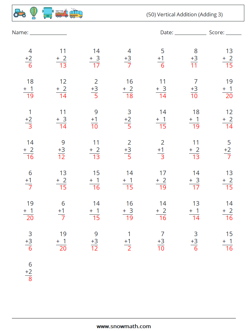 (50) Vertical  Addition (Adding 3) Maths Worksheets 17 Question, Answer