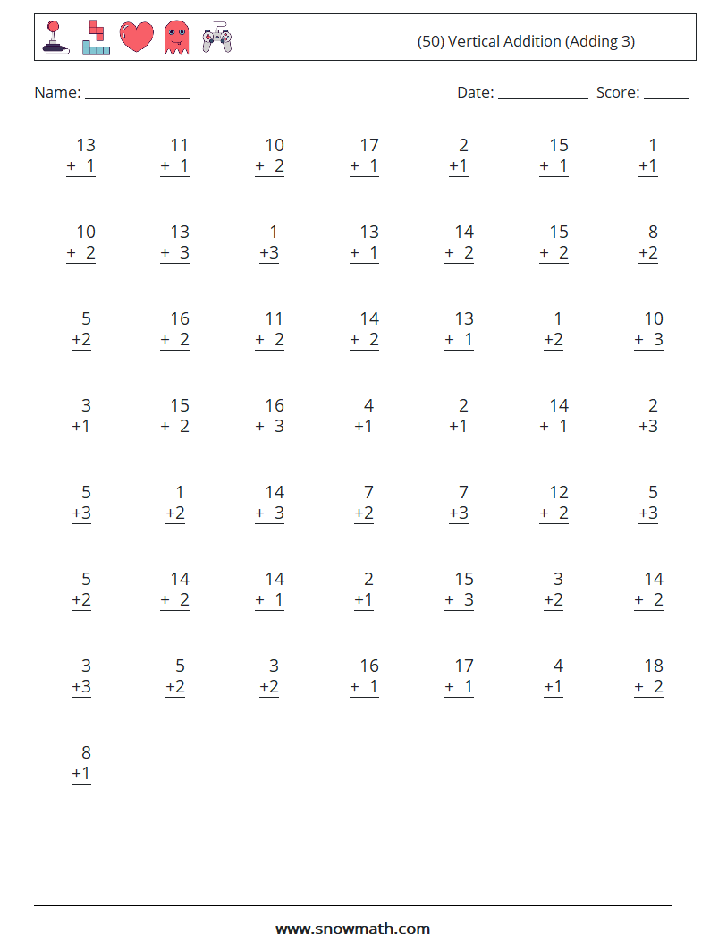(50) Vertical  Addition (Adding 3) Maths Worksheets 18