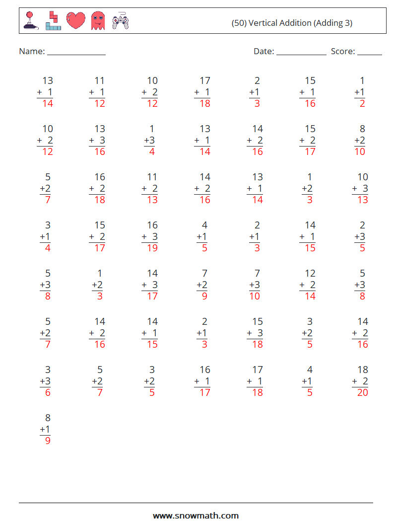 (50) Vertical  Addition (Adding 3) Maths Worksheets 18 Question, Answer