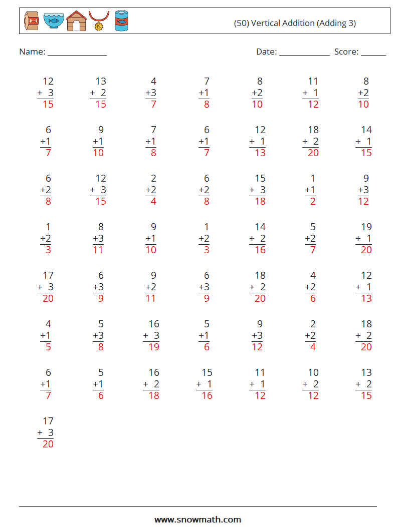 (50) Vertical  Addition (Adding 3) Maths Worksheets 1 Question, Answer